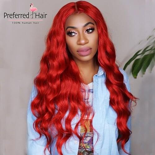 Preferred Red Lace Front Human Hair Wigs brazillian wigs Long Wave Lace Front Wig For Black Women PrePlucked Remy Hair Lace Wigs