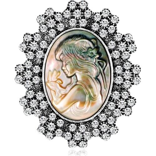 Gilded Silver Flower Border Rhinestone Natural Abalone Shell Girl Embossed Brooch Portrait Brooch Jewelry
