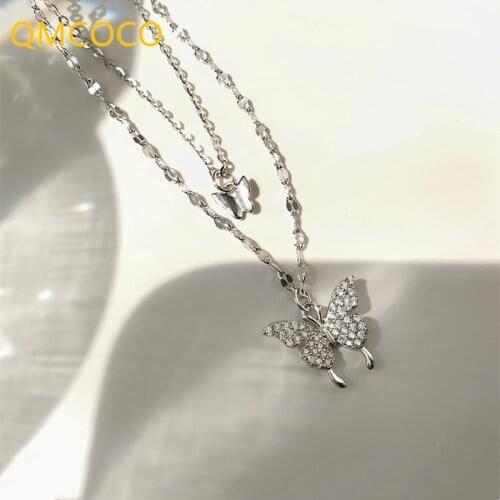 QMCOCO 925 Silver Sweet Romantic Zircon Double-Deck Butterfly Shape Necklaces For Women Wedding Neck Jewelry 2021 New Trendy