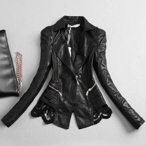 Plus Size 4XL! Autumn Leather Jacket Women Short Black Lace Pu Leather Motorcycle