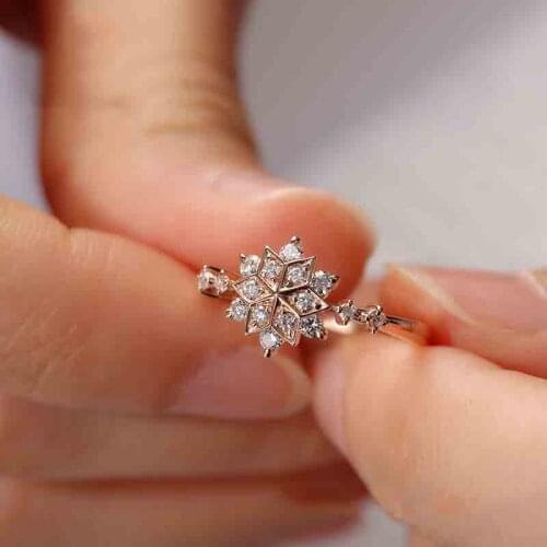 Luxury Female Flower Snowflake Ring Real Sterling Silver Rose Gold Zircon Stone Ring Promise Love Engagement Rings For Women