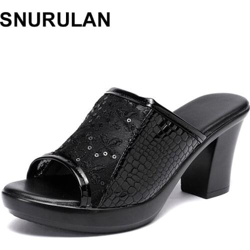 SNURULAN Fashion High Heel Slippers Women 2020 Summer Shoes Genuine Leather Platform Sandals Ladies Sandals Flip Flops