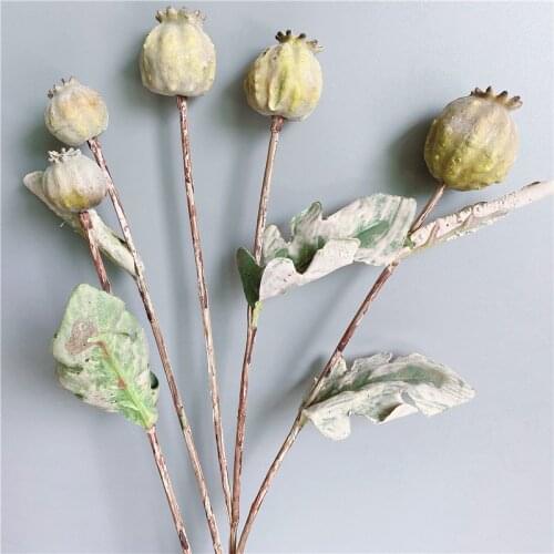 Dried-looking Poppy fruit branch with dead leaves artificial flowers for home garden decor fake plants