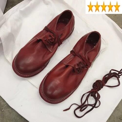 Women Handmade Casual Genuine Leather Lace-Up Flat Autumn Vintage Round Toe Mary Janes Red Black White Fashion Shoes