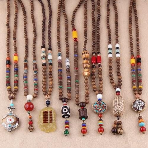 Vintage Ethnic Triangle Nepal Buddhist Mala Necklace Wood Beads Statement Necklaces Buddha Pendants Necklace Women men