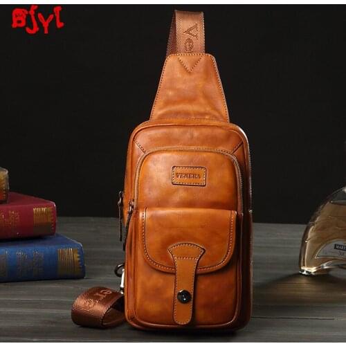 Vintage Leather Mens Chest Bag Cowhide Men Small Bag Casual Shoulder Messenger Bags Retro Pouch Soft Cotton Genuine Leather
