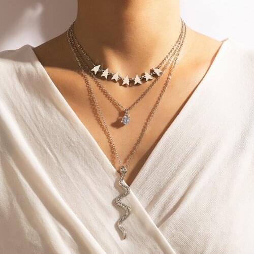 Docona Vintage Antique Silver Color Star Cobra Shape Tassel Clavicle Chain for Women Luxury Crystal Necklace Party Jewelry 18746