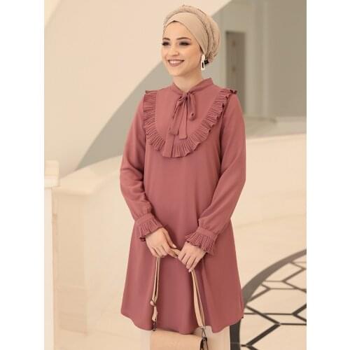 Women Tunic with Bow High Quality Muslim Islamic Tunic Special Design Made in Turkey Dubai Arabic Blouse With Pleated Sleeves