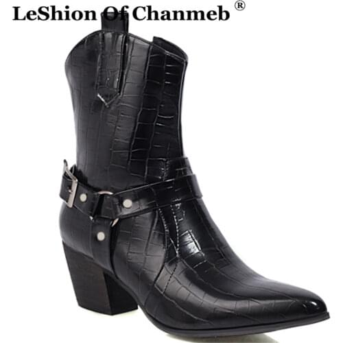 Large Size 14 Womens Snake Print Western Boots Shoes Woman Metal Buckle Strap Block Heels Cowboy Boots Lady Female Shoes Black