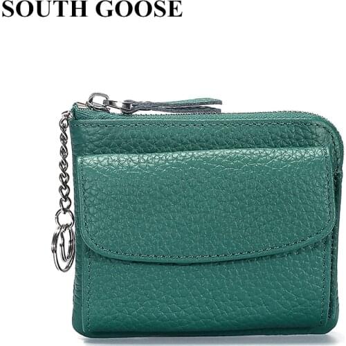 SOUTH GOOSE Genuine Leather Women Wallets Multi-Functional Zipper Purse Coin Pocket Ladies Mini Wallet Card Case With Key Ring