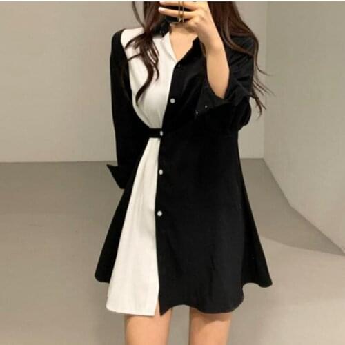 Women Autumn Black White Patchwork Bandage Shirt Dress Ladies Sexy A-line Elegant Mini Dresses Long Sleeve Robe Femme