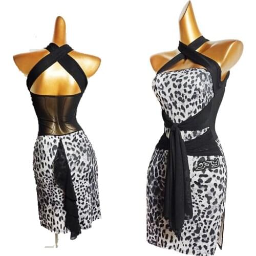 2021 Latin Dance Practice Dress New Strap Dresses Sexy Leopard-Print Mesh Dance Clothes Latin Dance Competition Dresses DN7973