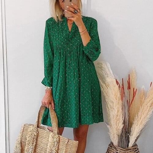 Spring Casual Loose Print Dresses Women Vintage V Neck Green Dress Button Female Long Sleeve Holiday Beach Vestidos 2021