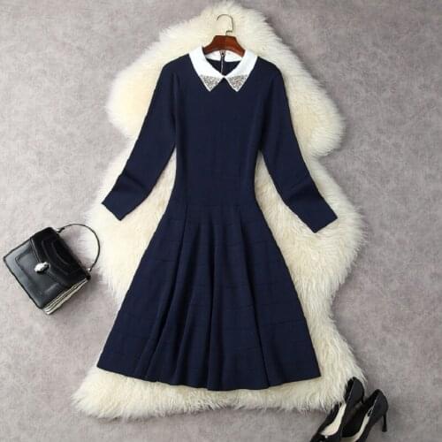 2021 Autumn Winter Fashion Sweater Dress High Quality Women Beading Turn-down Collar Long Sleeve Large Swing Blue Knitted Dress