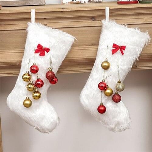 1 Pcs Christmas Stocking White Plush Socks Candy Gift Bag Hanging Tree Fireplace White DIY Christmas Raw Edge Christmas Stocking