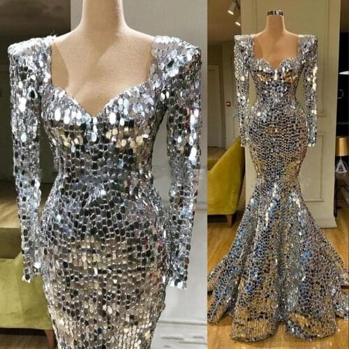 2021 Sexy Bling Sparkly Sequins Silver Mermaid Prom Dresses Long Sleeves Arabic Evening Dress Dubai Elegant Women Formal Party G