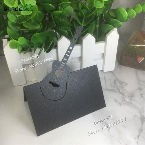 50Pcs free shipping New laser cut Guitar Design Pearl Paper Wedding Party Invitation Seat Name table Cards for party Decoration