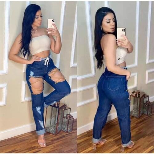 Plus Size Women Clothing Fashion Personality Jeans Woman Bandage Denim Straight Pants Lounge Streetwear Y2k Wholesale Items