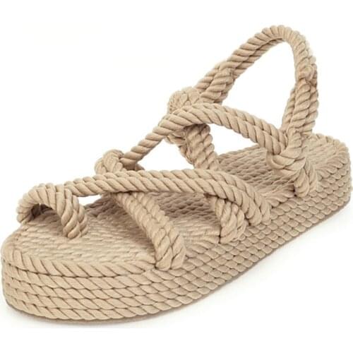 ENMAYER Big Size 43 On Sale Top Quality Gladiator Hemp Flat Slip On Straw Summer womens Sandals Shoes Woman