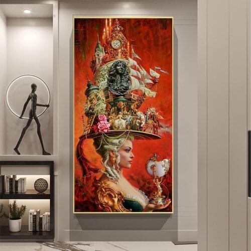 Europe Nobility Palace Woman Abstract Art Hat Posters and Prints Figure Vintage Oil Painting on Canvas Wall Picture for Home