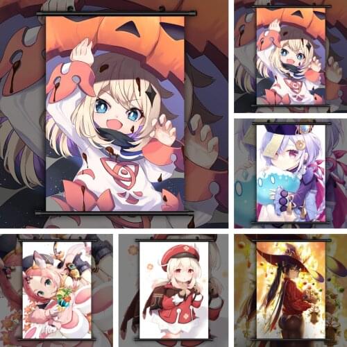 Genshin Impact Paimon Qiqi Klee Mona Diona Anime manga wall Poster Scroll C