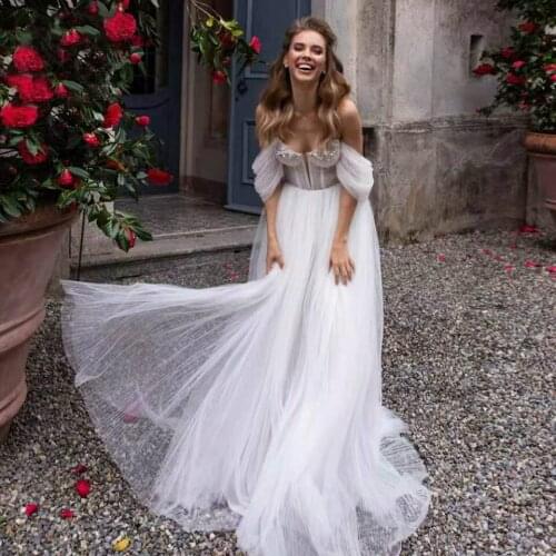 Sweetheart Bead Wedding Dresses 2 In 1 Detachable Off Shoulder Ruched Tulle A-Line Bridal Gown Vestido De Novia Boda Brautkleid