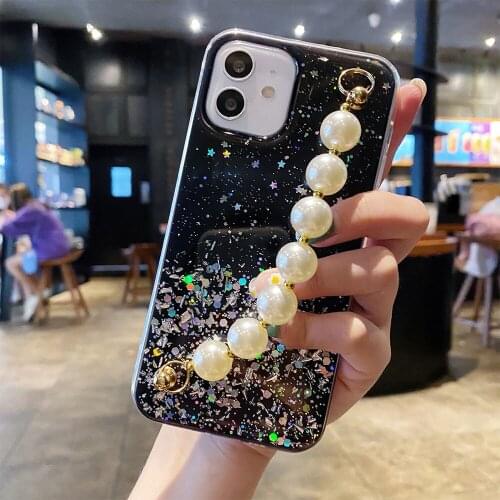 Korea style Cute 3D Pearls Wrist Chain case For Samsung S21Ultra S20FE S10Plus S10Lite Note10Lite Hanging Chain Glitter Cases