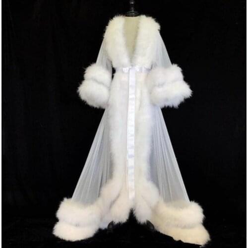 Fashion Bathrobe Womens Feather Bath Gown Tulle Illusion Long Bridal Robe Wedding Nightgown