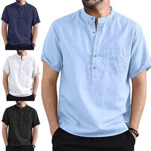 Mens Summer New Pure Cotton Hemp Button Short Sleeves Fashion Large Blouse Top 2021 New Fashion Shirts For Men Plus Size