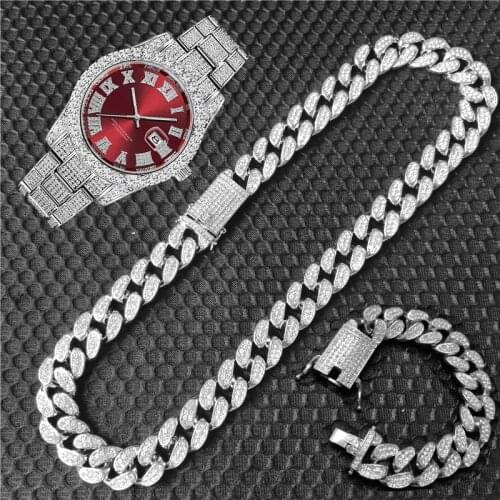 Hip Hop 20MM 3pcs Kit Iced Out Paved Heavy Rhinestone CZ Miami Curb Cuban Rapper Bling Necklace+Watch+Bracelet For Men Jewelry