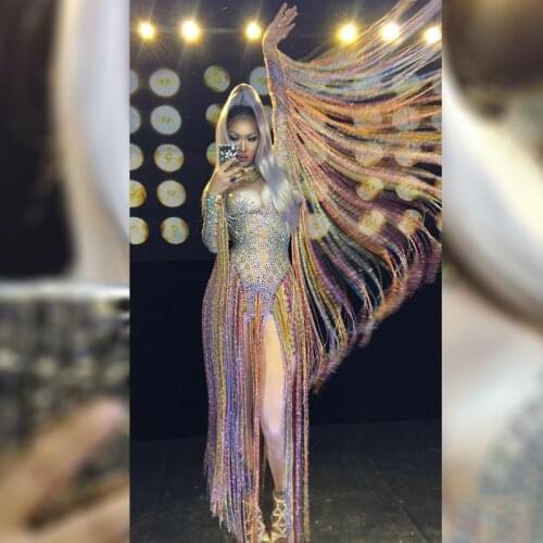 Spandex Rhinestone Dress For Women Costume Colorful Tassels Sleeve Evening Party Stage Wear Ladies Nightclub Jumpsuit VDB685