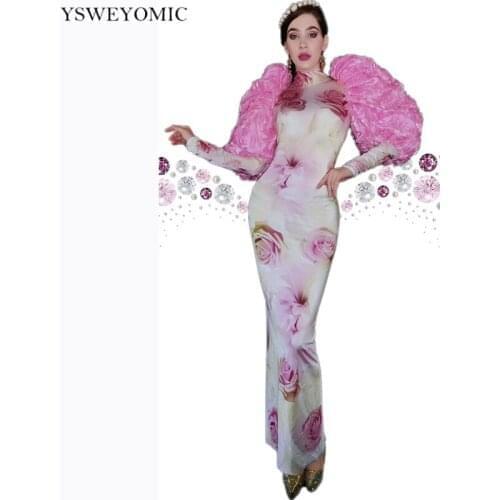 Party Dress Pink Rose Flower Sleeve Spandex Stage Wear Birthday Prom Party Dress Nightclub Singer Stage Wear For Women