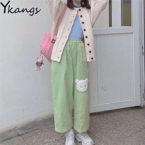 Harajuku Casual Kawaii Korean Fashion Wide Leg Pants for Women High Waist Aesthetic Joggers Streetwear Corduroy Trousers Female