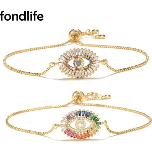 AAA Cubic Zirconia Crystal Copper Evil Eye Pull Adjustable Bracelet Women Girl Exquisite Brass Gold-plated Chain Lucky Jewelry