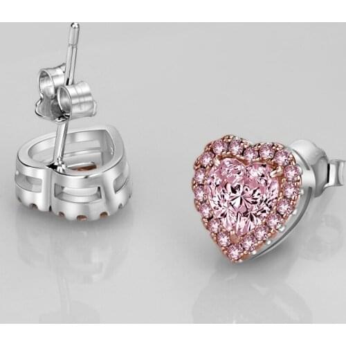 Romantic Girl Pink Diamond Heart Stud Earrings for Women Solid 925 Sterling Silver Fashion Jewelry Wedding Party Gift New