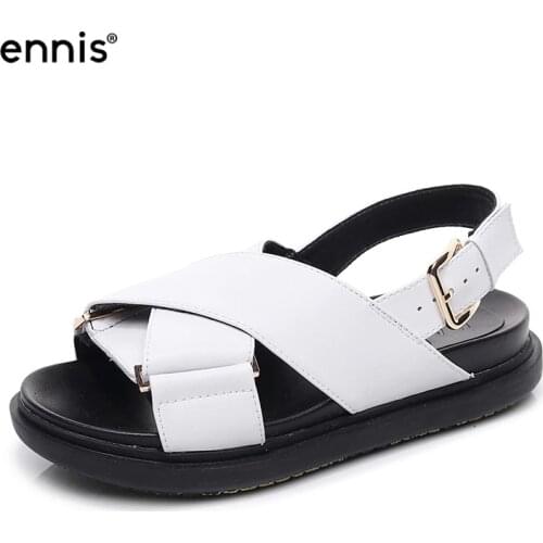 ENNIS White Sandals Women Summer New 2021 Flat Shoes Female Platform Shoes Casual Black Roman Sandals Leather Buckle Brand S103