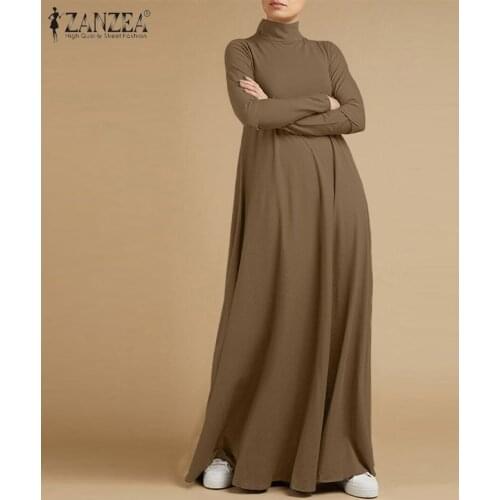 Autumn Turtleneck Long Sleeve Sundress Fashion Women Maxi Long Dress Baggy ZANZEA Elegant Solid Casual Vestido Kaftan Robe Femme