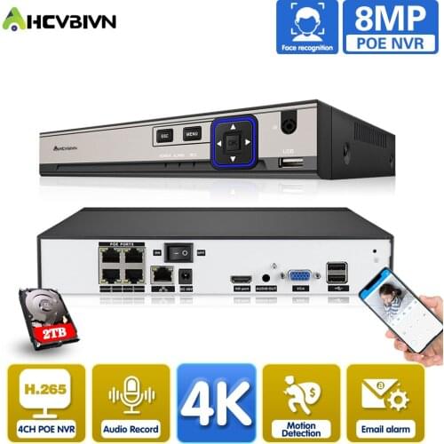 AHCVBIVN 4 Channel POE NVR Face Recognition H.265+ 4K NVR Onvif Network Video Recorder 24/7 Recording IP Camera Onvif P2P System