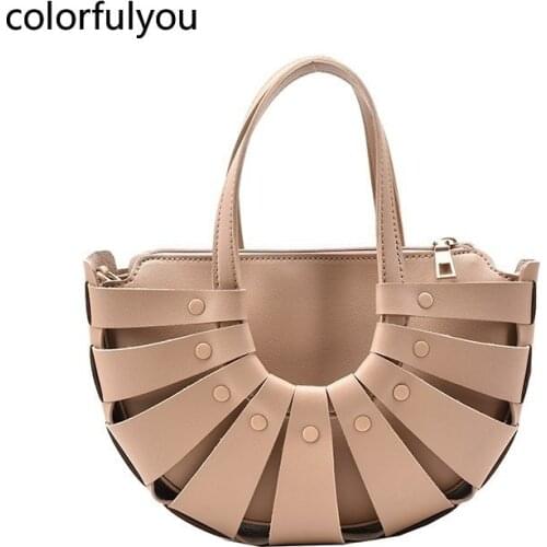 Hollow Handbags 2021 New High-Quality PU Leather Totes Semicircular Shape Shoulder Messenger Bag Casual Retro Vacation Beach Bag