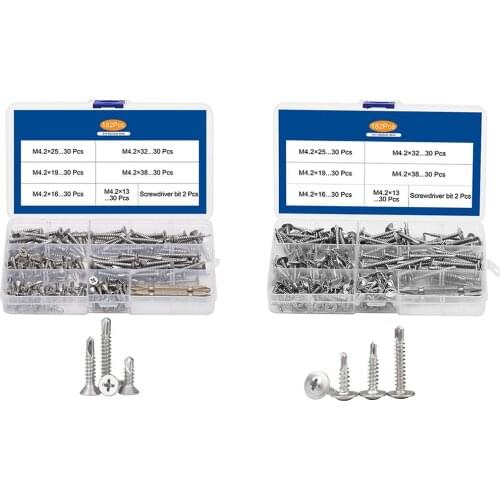 182PCS/Box M4.2 Phillips Flat Head Self Drilling Tapping Screw Kit 410 Stainless Steel Washer Head Screw With Screwdriver Bit