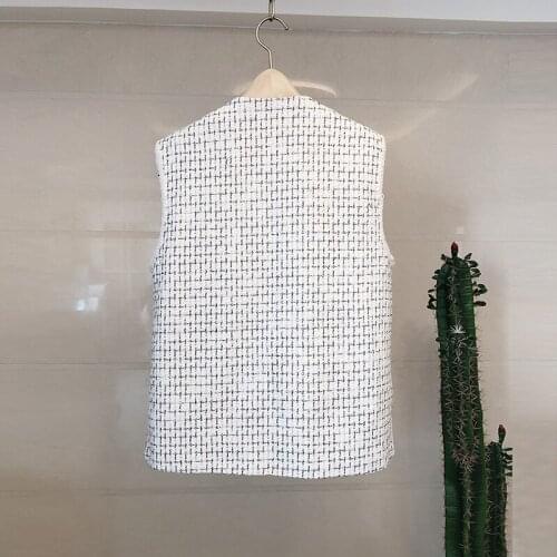 Woman Elegant Sleeveless Jackets High Quality Fashion Single Breasted Slim Vest Spring Summer Black White Tweed Jacket Waistcoat