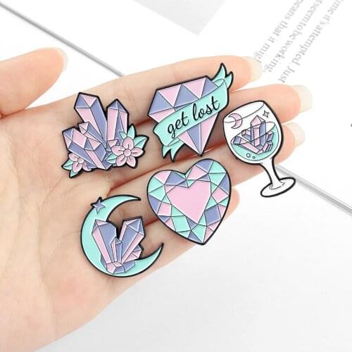 Moon and heart Pink Crystal Ore Enamel Pins Heart Moon Goblet Brooches for Women Backpacks Lapel Pin Cartoon Jewelry Gift