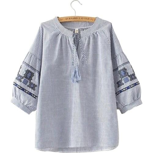 Plus Size Embroidery female shirt Casual blue striped shirt autumn winter cool half sleeve blouses women tops blusas