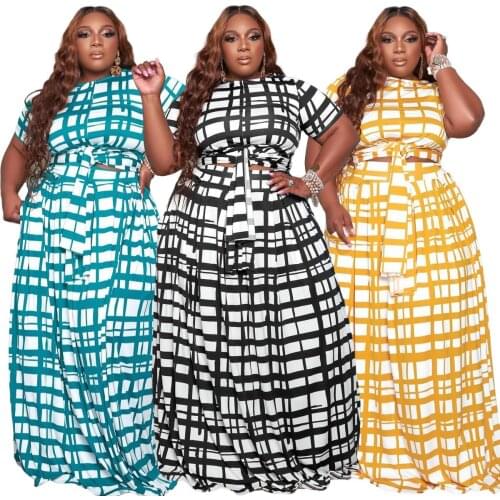 Women Plaid Print Casual Two Pieces Plus Size Fashion High Waist Floor-length Skirts + O-neck Lace-up Tees Summer Sets