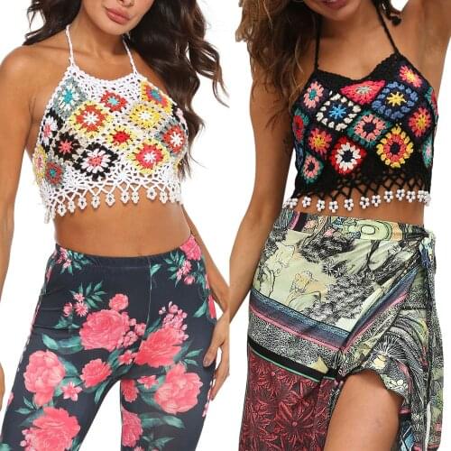 Women Knitted Camisole with Tassels Floral Crochet Pattern Halter Neck Backless Crop Tops White Black Tank Tops