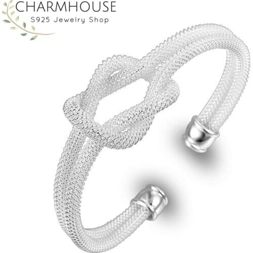 Solid 925 Silver Bangles & Bracelets For Women Bowknot Cuff Bangles Adjustable Wristband Pulseira Fashion Wedding Jewelry Bijoux
