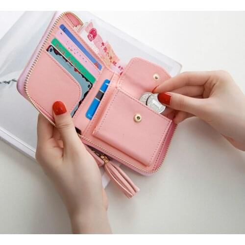 Women Fashion Short Wallet Female Korean Tassel Small Wallet Simple Square Zipper Wallet Lady Coin Purse Cute Wallet
