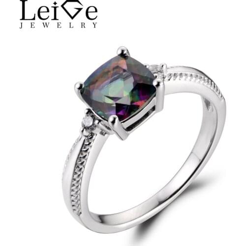 Leige Jewelry Natural Colorful Rainbow Mystic Topaz Gemstone Prong Setting Cushion Shape Engagement Rings For Woman 925 Silver