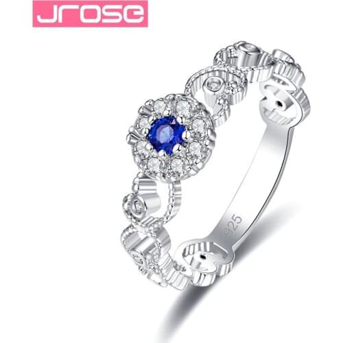 JROSE 2019 New Silver 925 Jewelry Blue White Rhinestone Crystal Flower Ring For Women Wedding Party Bride Beautiful Bagues