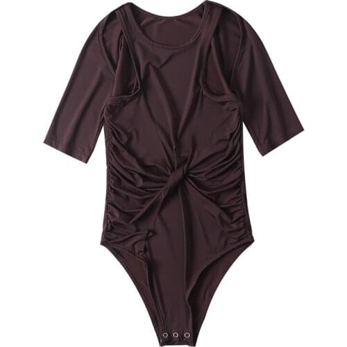 Summer new style street solid color short-sleeved elastic knotted bodysuit women, round neck slimming bottoming bodysuit women